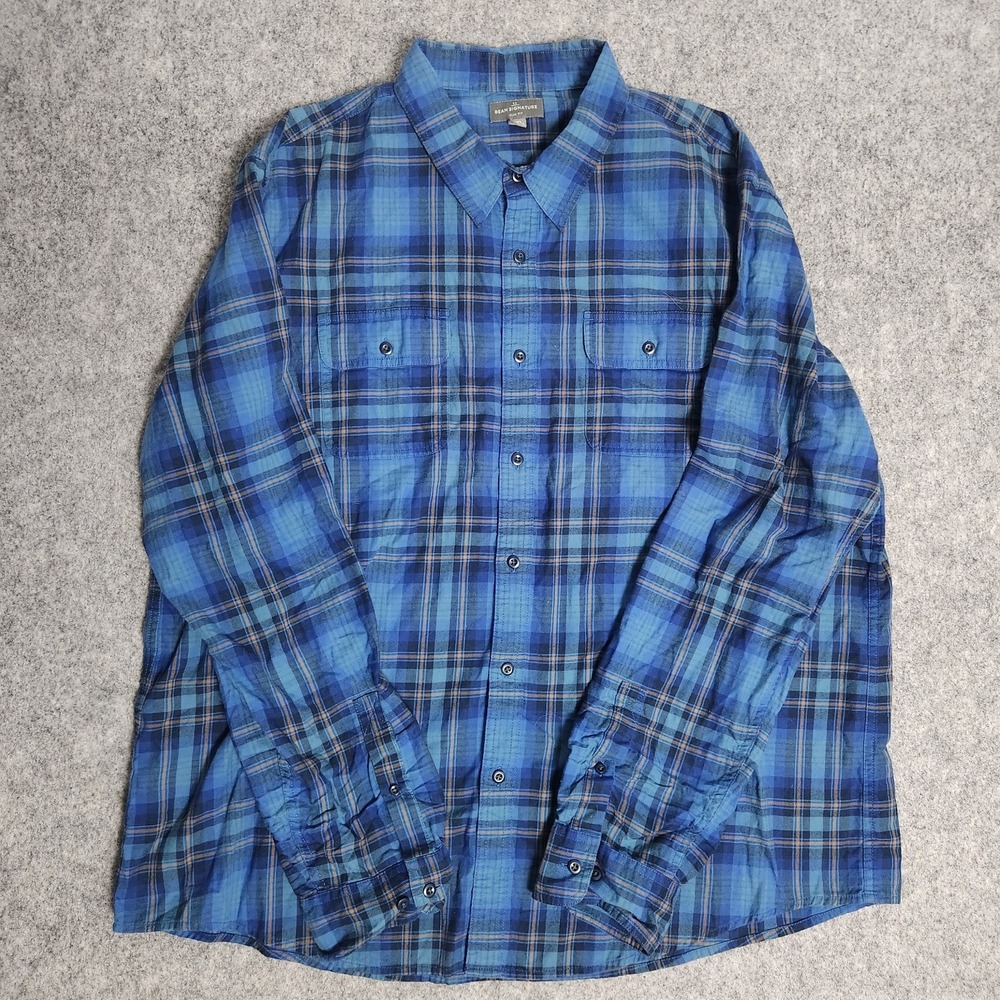 LL Bean Signature Castine Flannel Shirt Men 2XL‎ Blue Scotch Plaid Long Sleeve